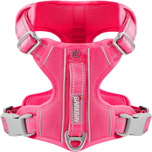 BARKBAY Dog Harness No Pull with ID Tag Pocket - Heavy Duty, Reflective, Easy Control for Large Dogs (Pink,L)