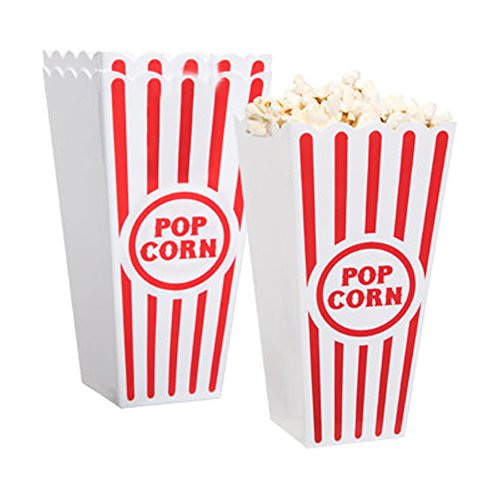Novelty Place Plastic Red White Striped Classic Popcorn Containers for Movie Night - 7.8 inch Tall x 3.8 inch Square (4 Pack)