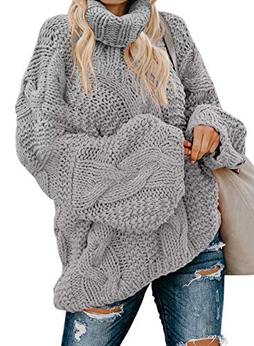 Dokotoo Sweater for Women Winter Warm Chunky Turtleneck Cowl Neck Balloon Long Sleeve Oversized Cable Knit Sweaters Long Tunic Pullover Jumpers Grey M