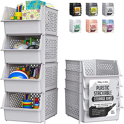 Skywin Plastic Stackable Storage Bins for Pantry - Stackable Bins For Organizing Food, Kitchen, and Bathroom Essentials (Light Grey)