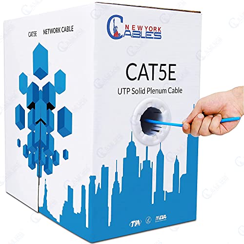 NewYork Cables - Cat5e Plenum Cable 1000ft (CMP) - UTP Solid Bare Copper Cat5e Cable 1000ft - Fluke Tested - 100 MBit/s 350 MHz - Easy Pull Box Cat 5e Ethernet Cable - (Blue)