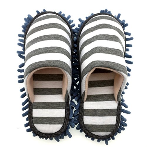 Selric Cozy Washable Dust Mop Slippers Stripe Closed Toe Grey, Multi-sizes Multi-Colors Available, Chenille Fibre Detachable Mop Soles, Indoor House Slippers 9 7/9 Inches Size:5.5-8.5