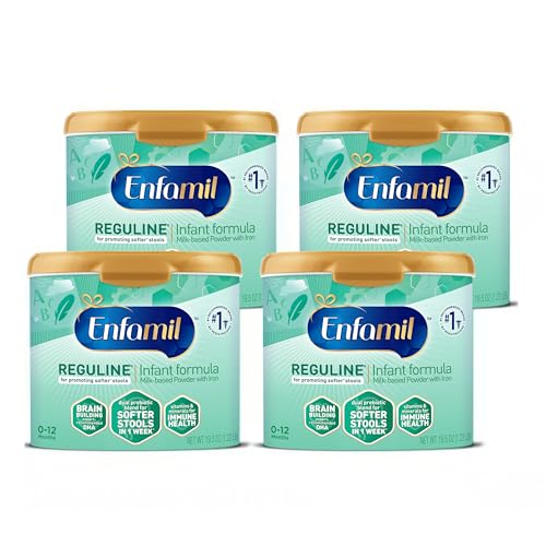 Enfamil Reguline Baby Formula, Designed for Soft, Comfortable Stools, with Omega-3 DHA & Probiotics for Immune Support, Reusable Powder Tub, 19.5 Ounce (Pack of 4)