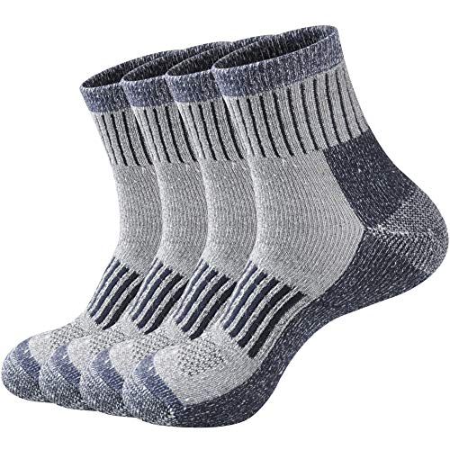 ECOEY Men's Merino Wool Cushioned Hiking Trekking Socks 4 Pairs, Quarter Length with Moisture Wicking (Navy, US Shoe Size: Men 8-11.5/Women 9-13.5)