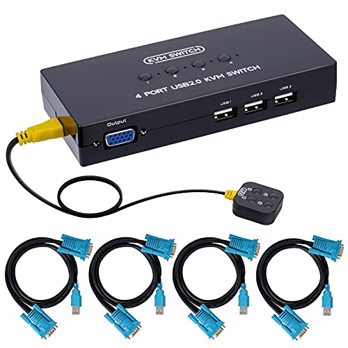 DGODRT VGA KVM Switch 4 Port, USB VGA KVM Switcher for 4 Computers Share 1 Monitor 3 USB Devices Keyboard Mouse Scanner Printer, Including 4 KVM Cables & Desktop Control