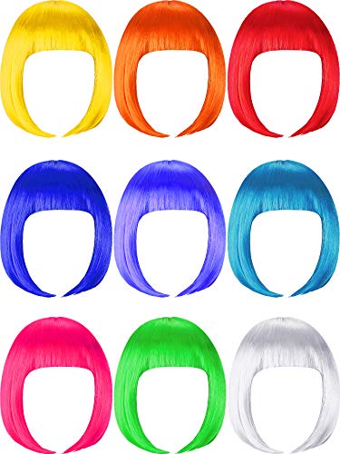 9 Pieces Short Bob Hair Wigs Multicolored Cosplay Costume Wig Daily Party Hairpiece for Women Girls (Orange, Green, Violet, White, Blue, Pink, Red, Yellow, Sky Blue)