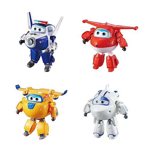 Super Wings 5' Transforming Characters 4-Pack , Combine Jett, Paul, Astra, Donnie Airplane Toys Playset, Vehicle Action Figure, Superwings Transforming Plane to Robot, Gifts for Kids Aged 3 and Up