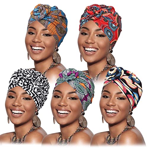 DRESHOW 5 Pack Knotted Headwraps for Women African Turban Pre-Knotted Beanie Headwraps Hair Covers
