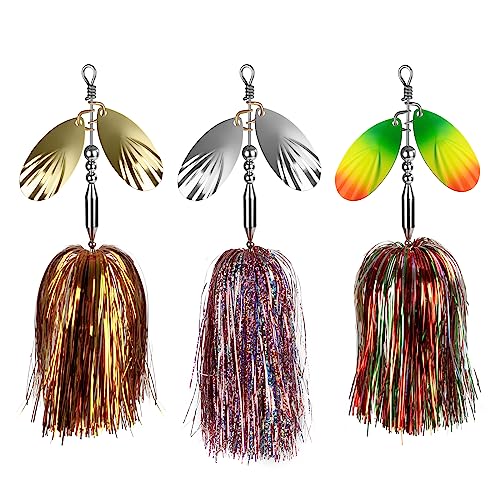 QualyQualy Fishing Spinner Bait 3pcs, Musky Bucktail Spinnerbait with Double Blades for Pike, Bass, and Trout,Multiple Color Fishing Lures for Freshwater Saltwater