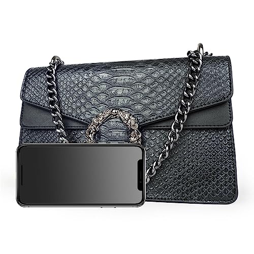 JBB Women's Crossbody Shoulder Bag Retro Snakeskin Solid Color Chain Strap Clutch Leather Bag Black