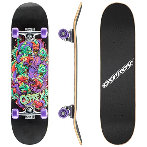 Osprey Complete Skateboards for Beginners | 31 x 8 Inch Skateboard for Kids Teens Adults with 7 Layer Canadian Maple Deck, Double Kick Concave Skateboard for Riding and Tricks, Multiple Designs