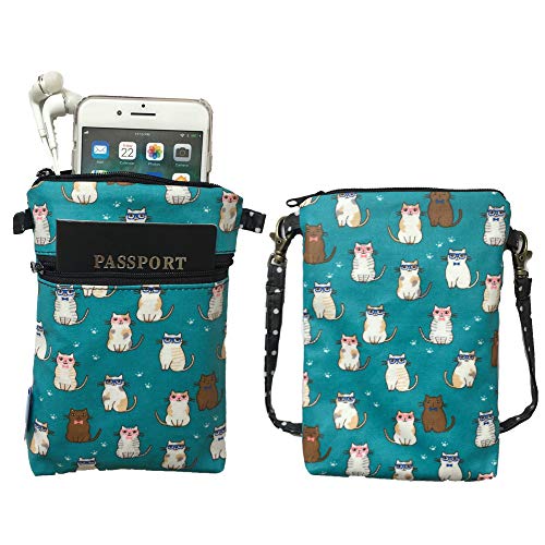 Tainada Women Crossbody Shoulder Travel Zippered Wallet Purse Clutch Phone Bag w/Detachable Strap (Cats Pattern Turquoise)