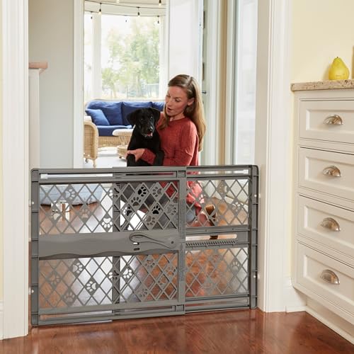 MYPET North States Paws Portable Pet Gate: 26-40' Wide. Pressure Mount. No Tools Needed. Made in USA. Dog Gate 23' Tall, Expandable, Durable Dog Gates for Doorways, Fieldstone Gray
