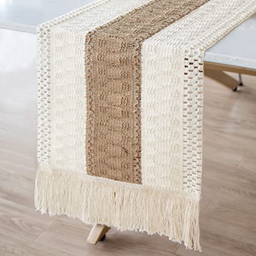 OurWarm Macrame Table Runner Farmhouse Style, Natural Burlap Boho Table Runner Modern Farmhouse Decor Rustic Woven Cotton Crochet Lace for Bohemian, Rustic,Bridal, Shower Wedding, Dinner, 72' x 12'