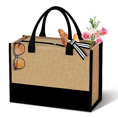 AUNOOL Jute Tote Bags Personalized Beach Bags for Women, Blank DIY Tote Bag with Zipper and Inner Pocket, Wedding Bridesmaid Gifts Bag