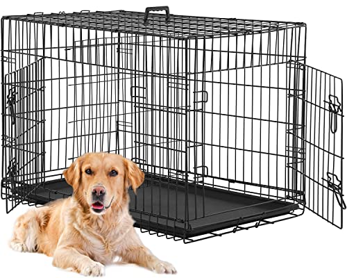 BestPet Large Dog Crate Dog Cage Dog Kennel Metal Wire Double-Door Folding Pet Animal Pet Cage with Plastic Tray and Handle,24 inches