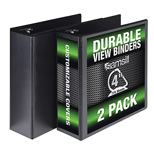 Samsill Durable 4 Inch Binder, Made in the USA, Locking D Ring Customizable Clear View Binder, Black, 2 Pack, Each Holds 775 Pages