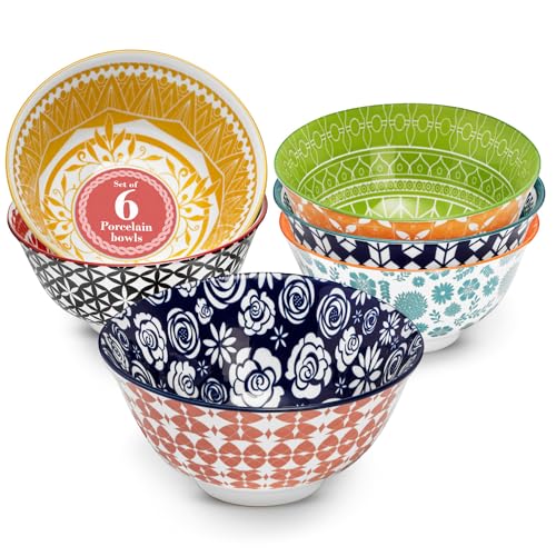Annovero 23 oz Bowls | Deep Cereal Bowls Set of 6 | Colorful Porcelain Bowls for Serving Breakfast, Dinner, or Small Dish of Soup, Pasta, Salad | Microwave & Oven Safe | Great for Parties or as Gift