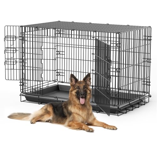 48 inch Large Dog Crates, Double Door Pet Kennel & House for XL Dogs, Cats, Animal, Collapsible Metal Cages for Home, Travel, Leak-Proof Pan, Handle