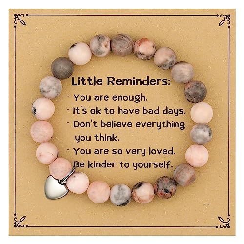 Little Reminders Positive Affirmations Gifts - Heart Charm Pink Elastic Beads Bracelet Gifts for Women, Mental Health You Are Enough Gift, Thinking Reminder Daily Inspiration Uplifting Quotes