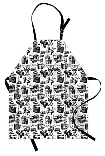 Lunarable Movie Apron, Vintage Film Cinema Motion Camera Action Record Graphic Style Print, Unisex Kitchen Bib with Adjustable Neck for Cooking Gardening, Adult Size, White Black