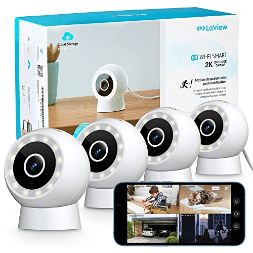 LaView 4MP Security Cameras Outdoor Indoor 4pc,2K Wired Cameras for Home Security with Starlight Color Night Vision,IP65 Spotlight Camera 2.4G,2-Way Audio,AI Human Detection,Works with Alexa
