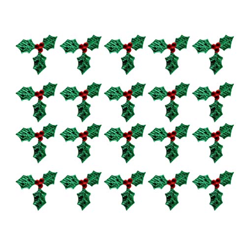 Artibetter 100pcs Mini Triple Leaf Holly Berries Embellishments for Holiday Christmas Wreath Arrangement Gift Tag and Card Making (Green, 3CM)