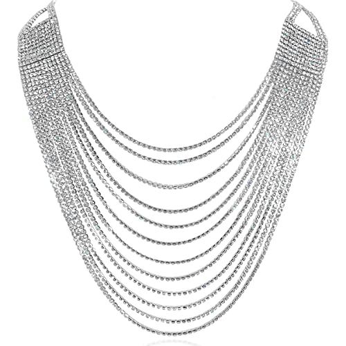 Humble Chic NY Rhinestone Necklace for Women - 925 Sterling Silver Plated Statement Chunky Bib Necklace, Sparkly Formal Necklace, Fashion Simulated Diamond Chain, Trendy Layered Jewelry