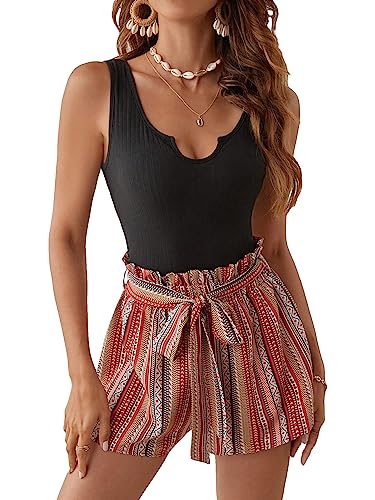 SOLY HUX Women's Summer Sleeveless Belted Tank Romper Short Jumpsuit Black Boho Print M