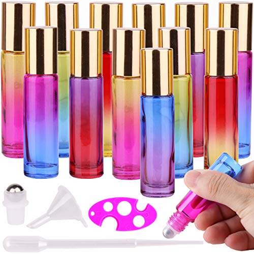inice Essential Oil Roller Bottles 10ml，Gradient Color, 12pack, 12 Labels, 1 Opener, 1 Funnel,1 Brush,3 Droppers，Roller Balls For Essential Oils, Roll on Bottles