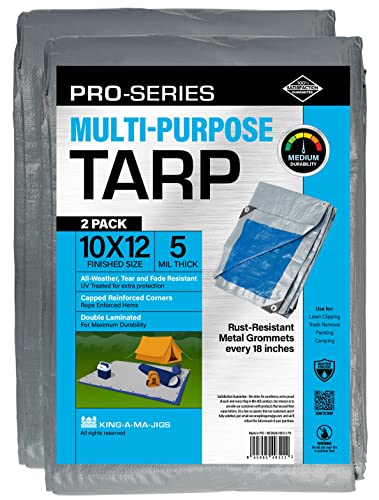 (2 Pack) 10x12 Ft Tarps, Waterproof Plastic Poly 5.5 Mil Thick Tarpaulin with Metal Grommets Every 18in - Emergency Rain Shelter, Outdoor Cover and Camping Use - (Reversible, Blue and Silver)