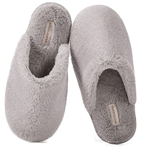 Snug Leaves Women's Fuzzy House Memory Foam Slippers Cute Furry Grey Print Faux Fur Lined Closed Toe Indoor Slides Bedroom Slip On Shoes with Soft Rubber Sole (Grey, Size 9-10)