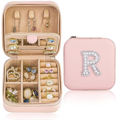 Qncssk Travel Jewelry box for Women Girls,Small Jewelry Case Organizer Storage with Glitter Pearls Initial Letter - Mini Elegant Personalized Birthday Bridesmaid Gifts for Women Friends - R