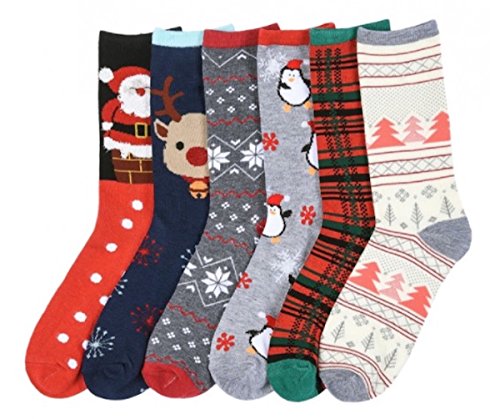 I&S 6 Pairs Crew Socks, Printed Fun Colorful Festive, Crew Sock Women Colorful Fancy Design Soft (Christmas #2)
