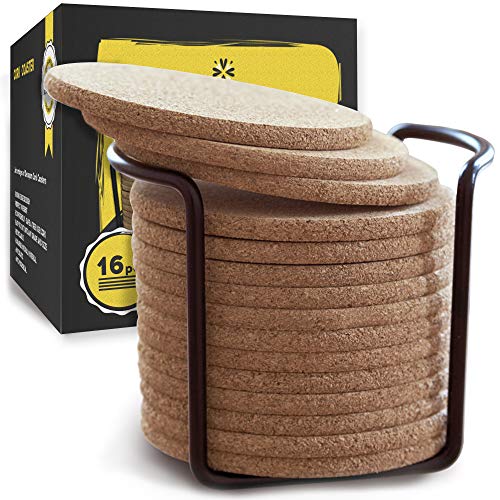 Cork Coasters for Drinks with Metal Holder - 16 Pcs Round 4 inch Drink Coaster Thick Absorbent Heat-resistant Saucer - Used for Cold Hot Beverages Glasses Mugs Cups Plants Apartment Decor Bar Table