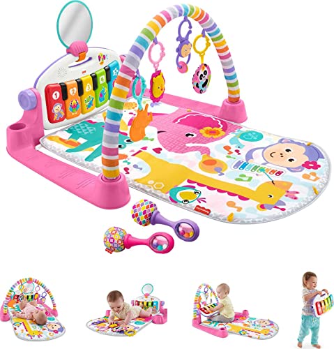 Fisher-Price Baby Gift Set Deluxe Kick & Play Piano Gym & Maracas, Playmat & Musical Toy with Smart Stages Learning Content plus 2 Rattles