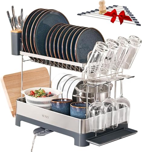 SUNLY 2 Tier Large Dish Drying Rack Set, 304 Stainless Steel Dish Rack for Kitchen Counter, Multifunctional Kitchen Dish Drainer Rack with Adjustable Spout, Utensil Holder and Bottle Rack, Gray