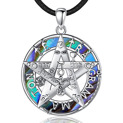 Vito Tetragrammaton Pentagram Necklace for Women Men, Tetragrammaton de Plata 925 Amuleto de Proteccion Abalone Shell Pendant, Witchcraft Jewelry Gift for Dad Husband On Father's Day, 24 Inch