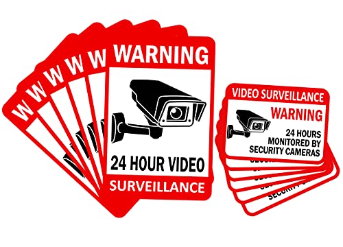 12-Pack Video Surveillance Sign (6-pack 6'x4' & 6-pack 3.5'x2.5'), Double-Sided Vinyl Decals for No Trespassing-Warning Sticker-Security Sign-Surveillance Camera-Recording Sign, Laminated for UV-Water