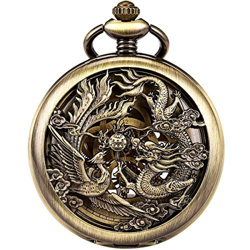 ManChDa Antique Mechanical Pocket Watch Lucky Dragon & Phoenix Bronze Skeleton Dial with Chain