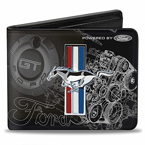 Buckle-Down Men's PU Bifold Wallet-Mustang Tri-Bar Stripe/GT Motor Blueprint, Multicolor, 4.0' x 3.5'