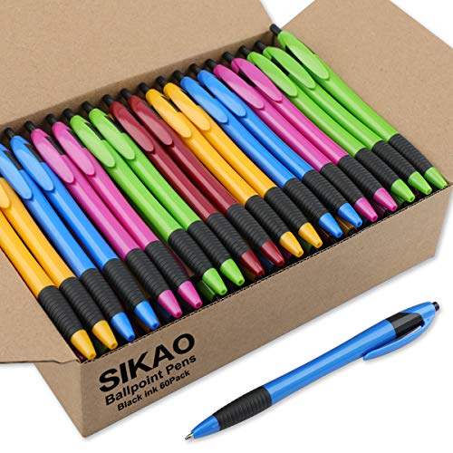 Sikao Pens Bulk Gripped Slimster Retractable Ballpoint Pen Medium Point Black ink Smooth Writing Pens for Journaling No Bleed (60Pack)