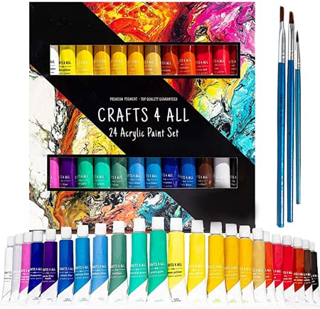 Acrylic Paint Set for Adults and Kids - 24 Pack of 12mL Paints with 3 Art Brushes, Non-Toxic Craft Paint, Halloween Pumpkin Painting Kit - Canvas, Ceramic, Rock Paint - Art Supplies