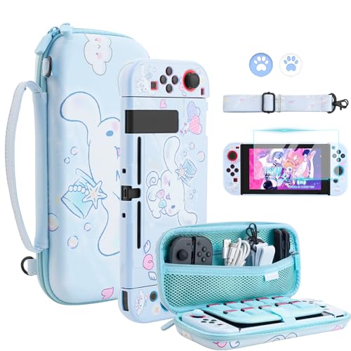 FUNDIARY Blue Cartoon Dog Carrying Case for Nintendo Switch, Cute Protective Hard Shell Travel Case Pouch with Protective Shell, HD Screen Protector, Adjustable Shoulder Strap and 2 Cat Paw Thumb Caps