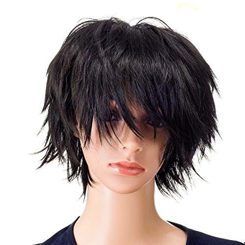 SWACC Unisex Fashion Spiky Layered Short Anime Cosplay Wig for Men and Women (1B-Off Black)
