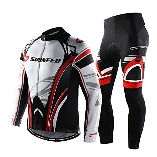 sponeed Men's Bicycle Jersey Outfit Cushioned Bike Pants Cycle Jacket Suit Peloton Cycling Uniform US L White Red