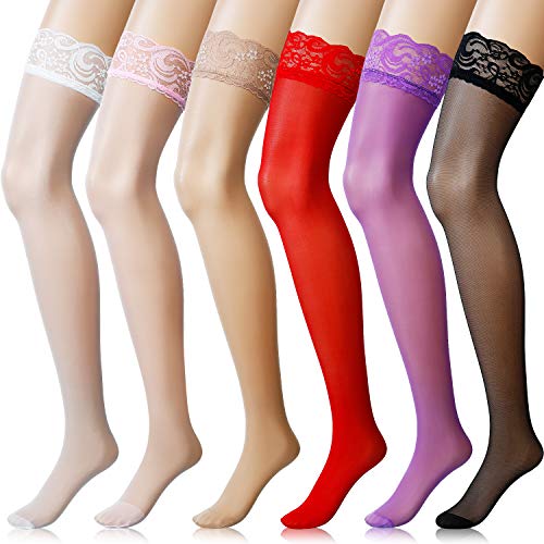 Boao 6 Pairs Women Thigh High Stockings Silicone Lace Top Pantyhose for Women, Multicolored