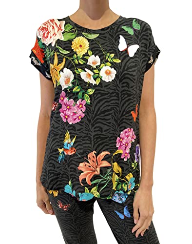 Johnny Was Blooming Breeze Short Sleeve Crew Neck Black TEE Large L TOP Shirt New