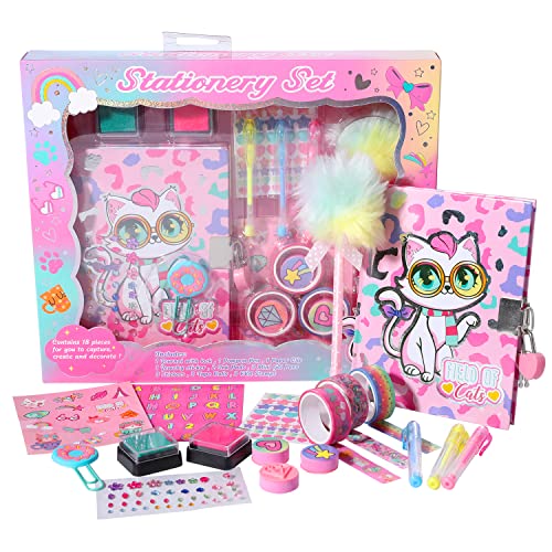 YOYTOO Cat Diary for Girls with Lock and Keys, Cat Stationery Set with Diary, Stamps, Stickers, Pens, Unicorn Journal Notebook Birthday Gift for Girls Kids Ages 4-12