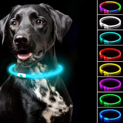 PETPURE - Mulicolored LED Dog Collar - 7 Colors in One Collar with Flashing Options - 15 Modes Total - Fast Charging USB-C - Charging Cord Included - Waterproof Collar Can Be Cut to Fit All Dog Sizes